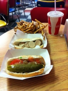 Duck fat fries, duck sausage with foie gras, Chicago dog